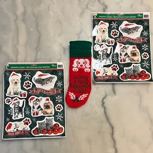 Christmas Dog and Cat Window Clings with Red Stocking Bundle